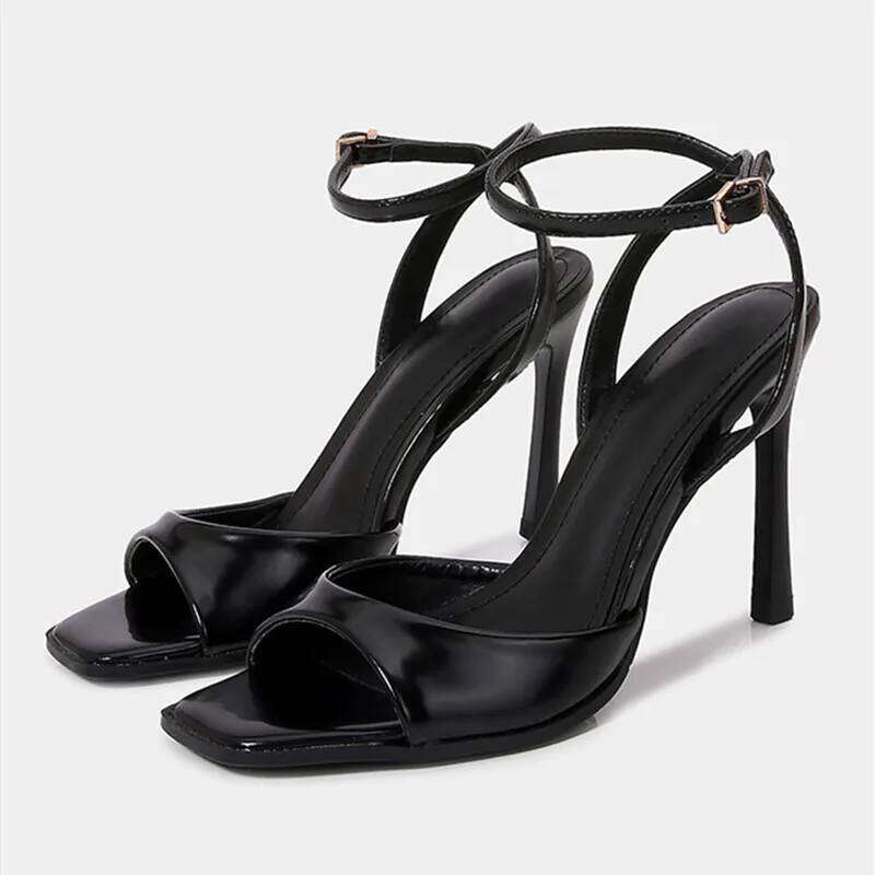 Black Patent Leather Ankle Strap Buckle Heeled Sandals Women Sexy Square Open Toe High Heels Summer Elegant Party Office Shoes