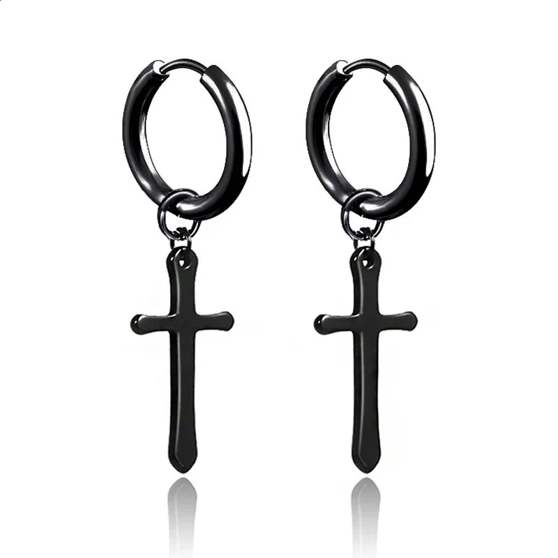 Punk Black Cross Stainless Steel Hoop Earrings For Women Men Fashion Vintage Chain Pendants Hip Hop Jewelry Earrings Wholesale 250812