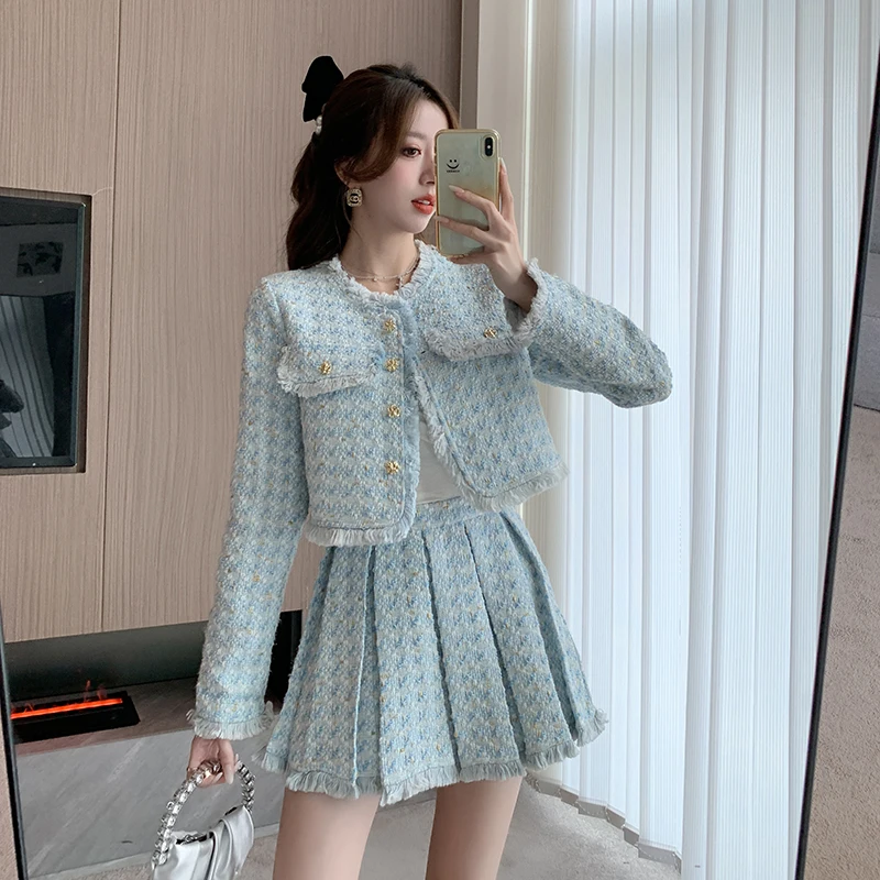 Two Piece Dress Korean Fashion Tweed 2 Set Women Outfits Autumn Winter Crop Top Jacket Coat Tassel Mini Pleated Skirt Suits Elegant 2025