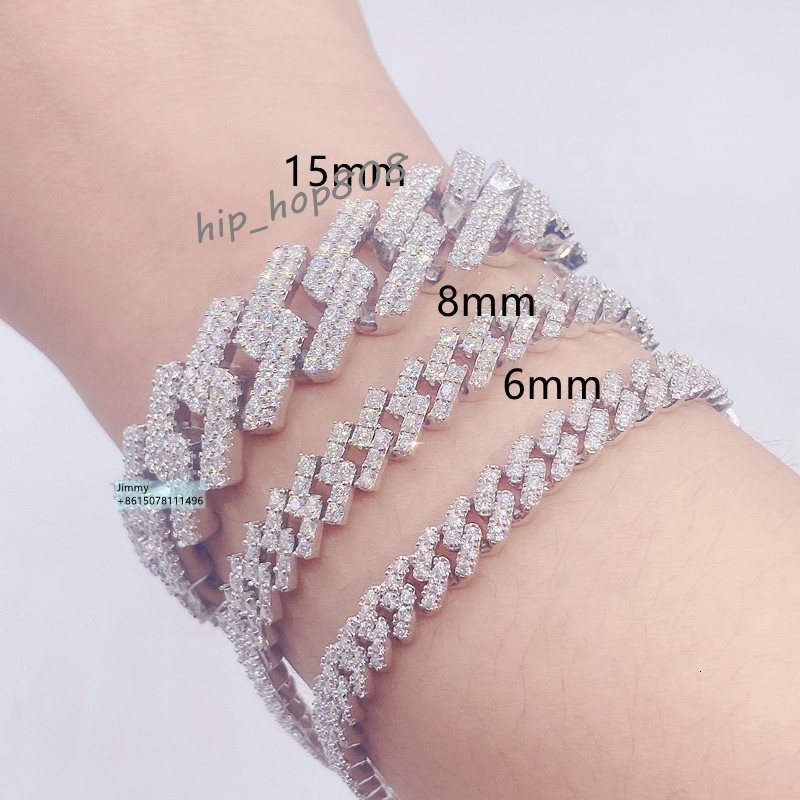 Hip Hop Style Iced Out Jewelry 6mm 8mm 10mm 12mm 15mm Width 925 Sterling Silver VVS Moissanite Cuban Link Chain Bracelet