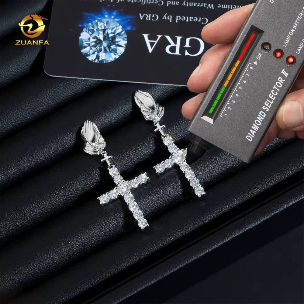 Fashion Hip-Hop Style Iced 925 Silver Applause Drop Cross Moissanite Men's Earrings New Design