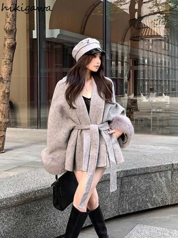 Fashion Coats Women Patchwork Furry Long Sleeve Bandage Outerwear Korean Y2k Clothing Slim Waist Temperament Solid Color Jackets Z250813