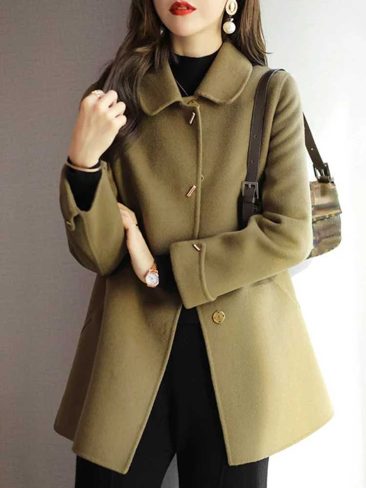 2024 Womens Woolen Coat Slim Fashion Office Lady Square Collar Single Breasted Winter Coats Wide-waisted Pocket Black Coat Z250813