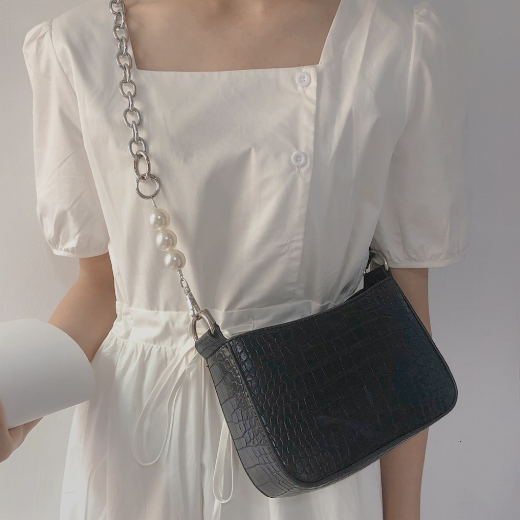 Women's Crocodile Pattern Pearl Chain Single Shoulder Crossbody Women 2025 Korean Version New Style Versatile Underarm Bag ddmymarket