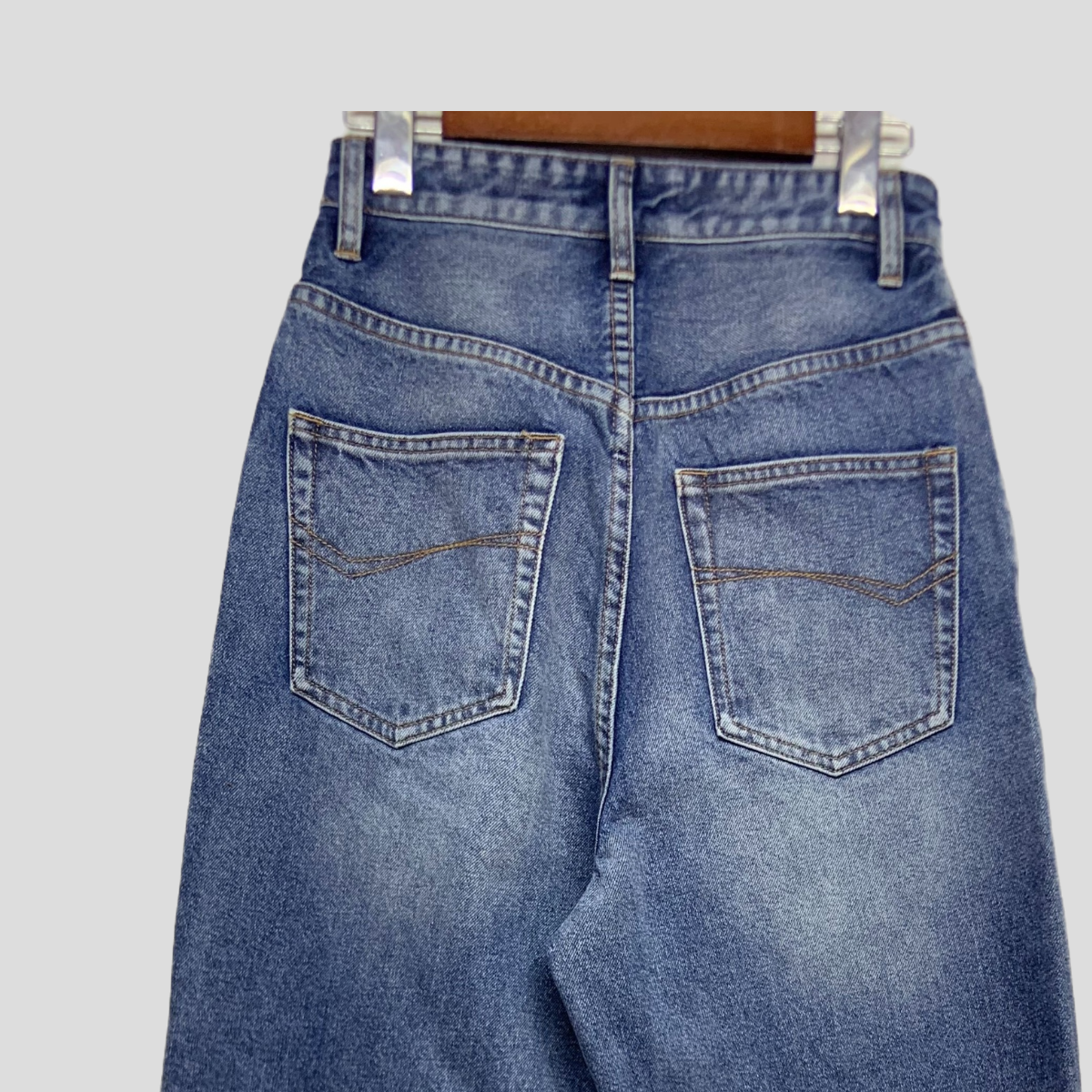 Retro relaxed-fit outfit of choice: distressed frayed hem washed denim wide-leg pants 24-005