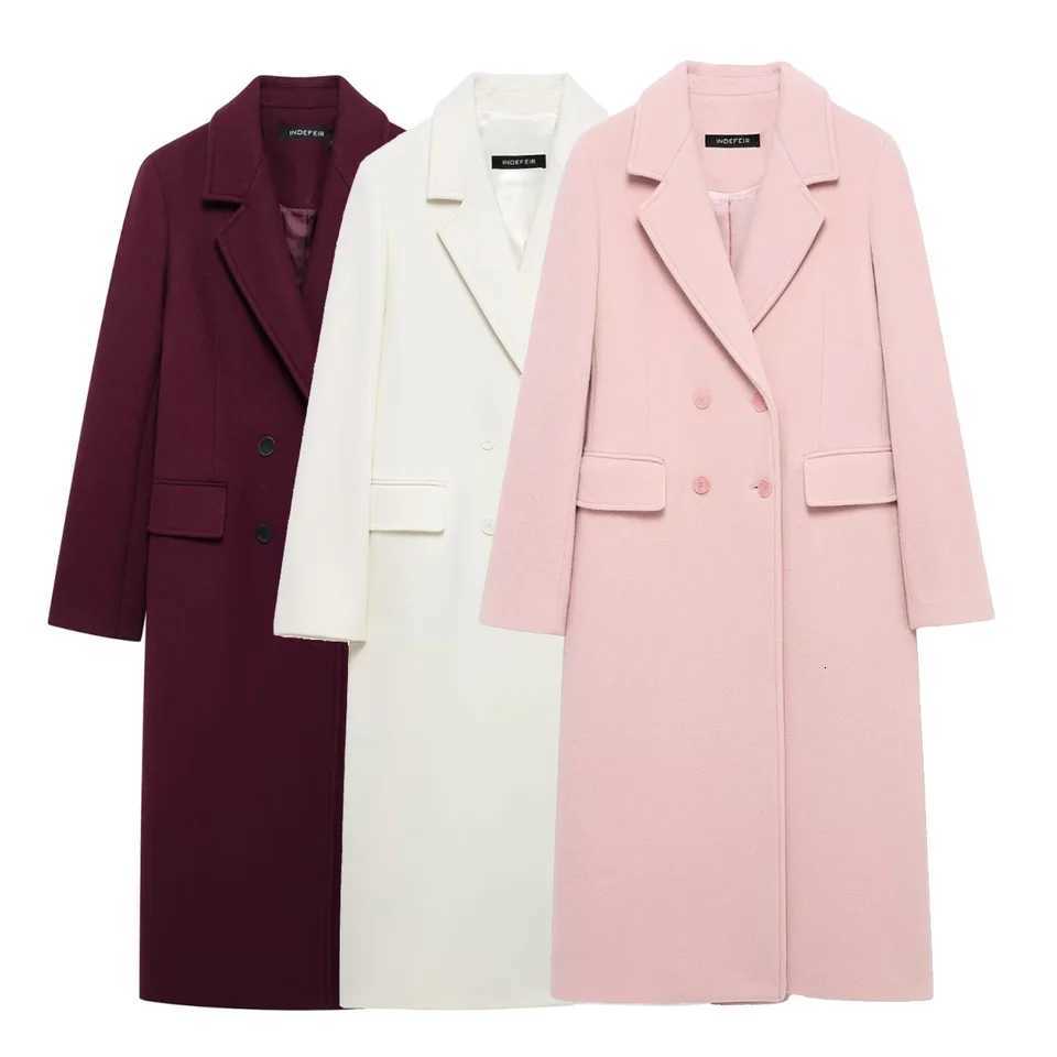 TRAFZA-Women Elegant Long Coat Pink Blended Lapel Buttons Lined Coat New 2025 Fashion Fall Winter Romantic Outwear Beige Coat Z250813