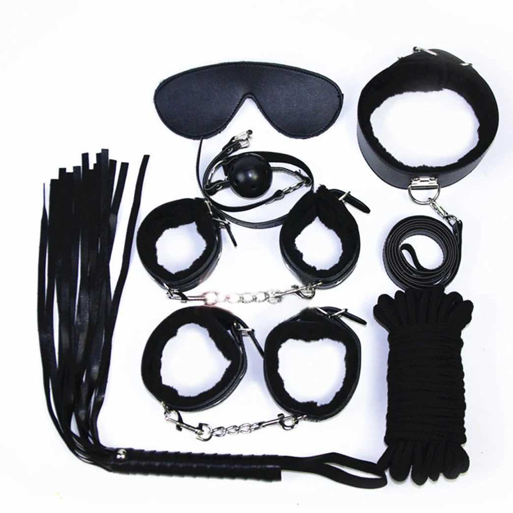 7Pcs/Set Sex Bondage Kit Slave Adult Games Toys Hand Cuffs Ankle Cuffs Whip Rope Blindfold Frisky Erotic Toys Wholesale Lots XJ250813