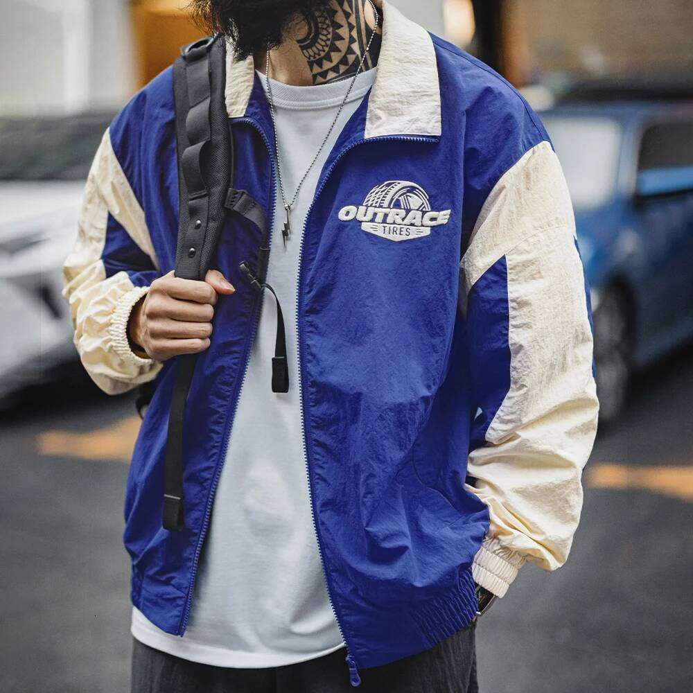 hoodie Maden Vintage Splice Racing Jacket Men's Spring Embroidered Outdoor Motorcycle Style Zip-Up Outerwear Lapel Casual Blue Jackets jacket