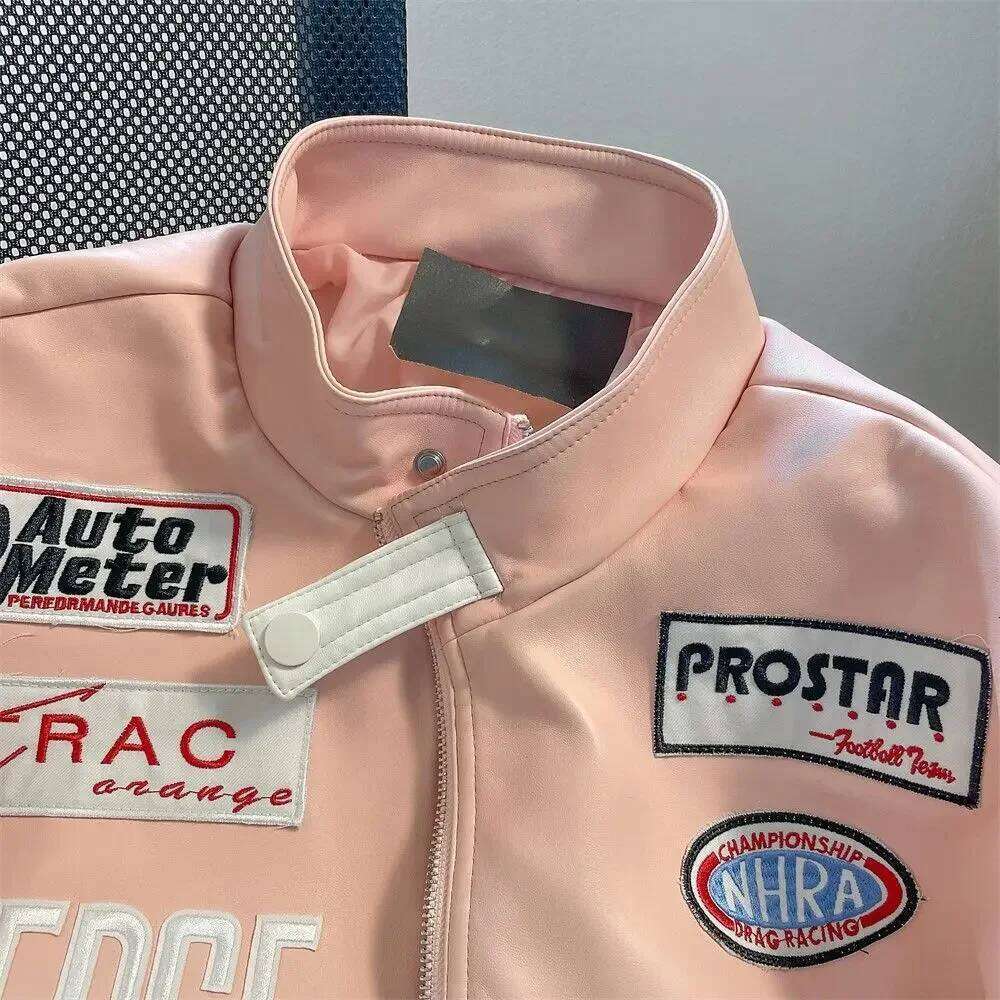 Motorcycle pu leather coat baseball jacket pink american style women autumn and winter fried street high level clothes