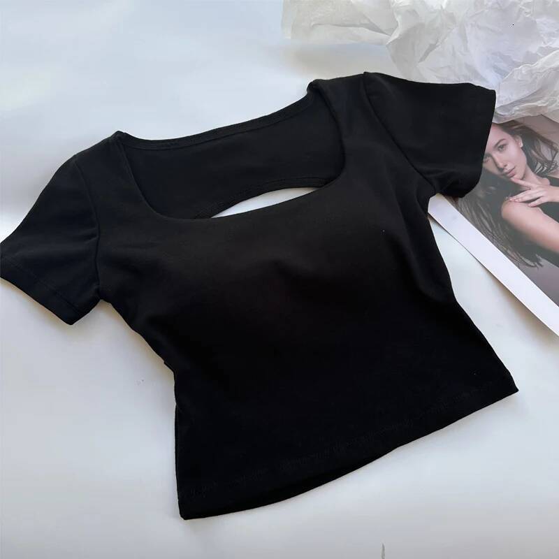 2025 Women's Tank Top T-shirt Women's Clothing Square Collar Top Women's Short Sleeve Umbilical Top with Bra Sexy Street Wear fashion B