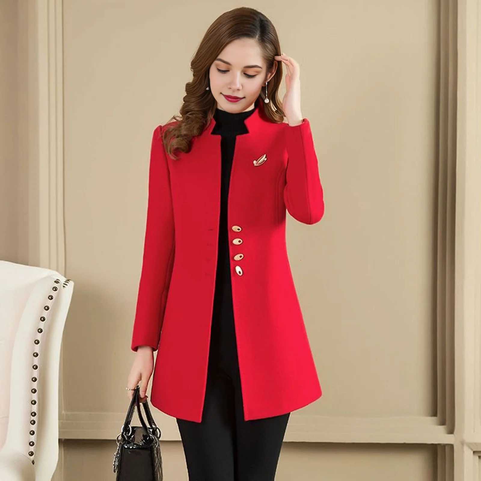 Women Woolen Coat Stylish Womens Mid-length Woolen Coat with Notched Collar Slim Fit Autumn Winter Outerwear in Solid Color Z250813