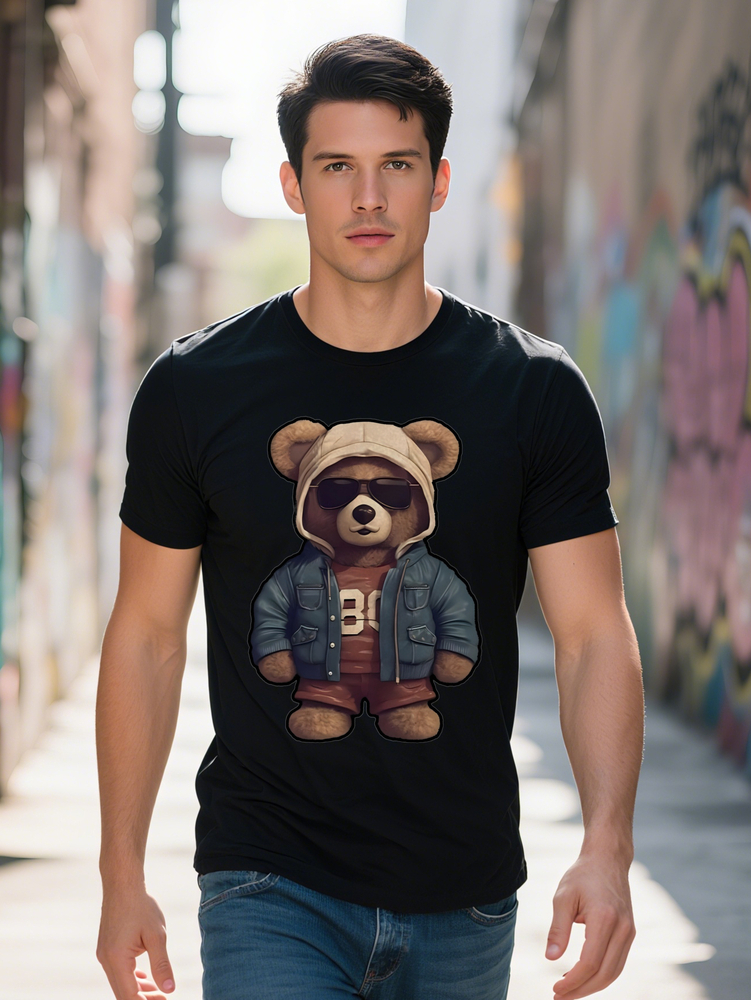 Graphic T Shirt with Cartoon Bear in Hoodie Fashion Glasses Print Black Summer Tee Regular Fit Round Neck