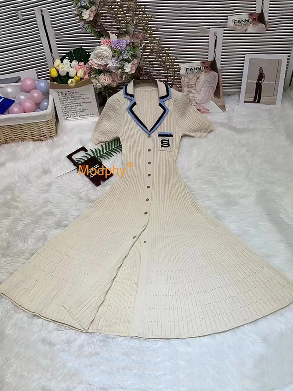 Modphy Elegant Slim Knitted Long Dress Womens Letter Single Breasted Long Sleeved er Vintage Dresses Autumn 250806