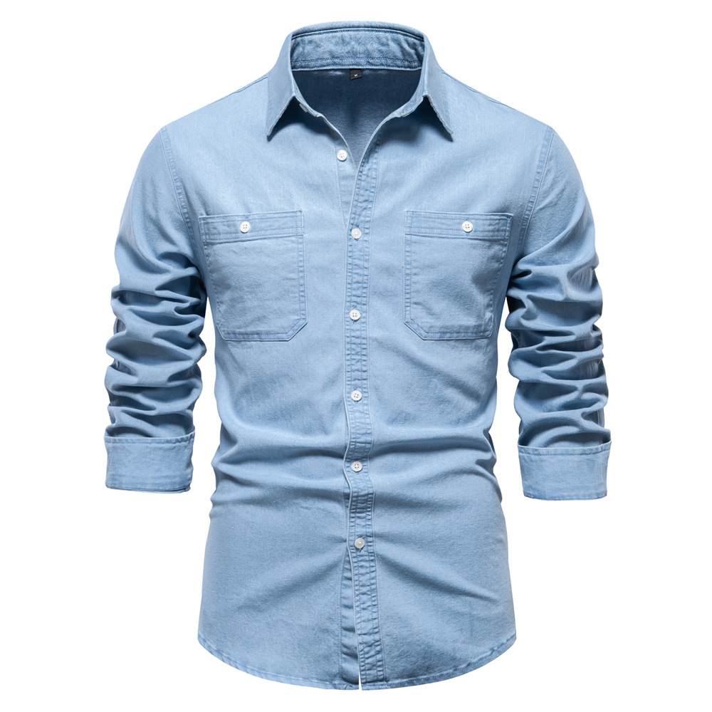 Men's denim shirt, high-quality top no-iron shirt men's casual solid color men's long-sleeved shirt European size: S-2XL