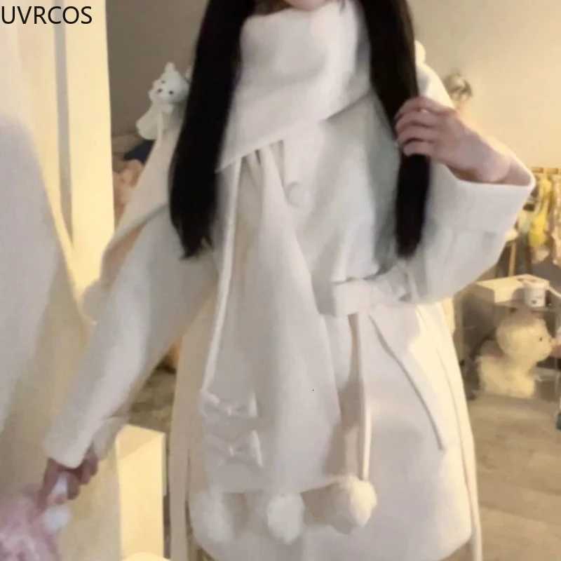 Autumn Winter Japanese Preppy Style Woolen Coat Women Kawaii Bow Cartoon Bear Scarf Loose Long Jackets Sweet Y2k Lolita Outerwear Z250813