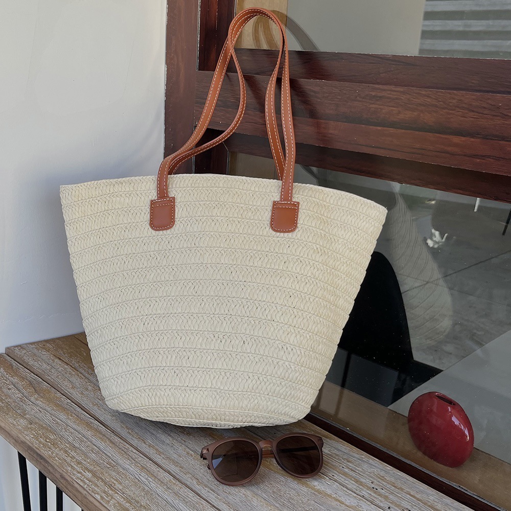 Straw for Women, Large Capacity Summer Vacation Beach Bucket Bag, Mori Girl Literary Tote Woven Bag ddmymarket