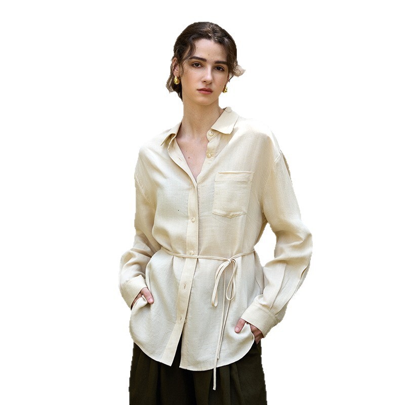 Tencel Natural Texture Long Sleeve Women's Shirt Jacket Autumn Winter French Style Elegant Waist Tie Linen Blouse