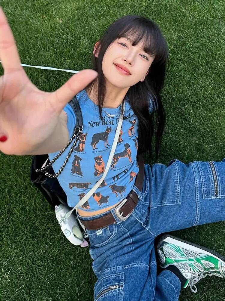 2025 pure cotton summer front shoulder commuting short sleeved T-shirt for women, new puppy print short style trend sweet and spicy high street top de