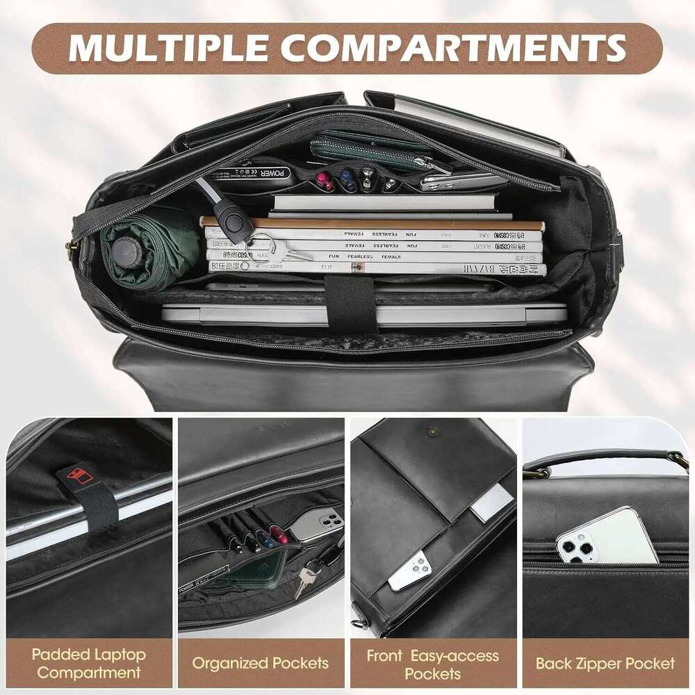 RAINSMORE Vintage Men Messenger Waterproof Leather Briefcase Laptop Large Capacity Satchel Business College Shoulder Bag