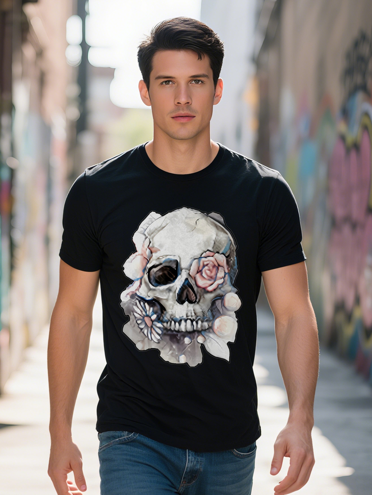 s Casual Crew Neck T Shirt with Intricate Floral Skull Print Soft Short Sleeve Black Perfect Gift for Men