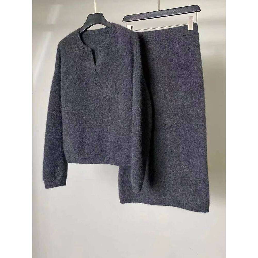 Premium Autumn/Winter 100% Cashmere Solid Color POLO Collar Fleece Sweater + Mid-Length Skirt Two-Piece Set 250813