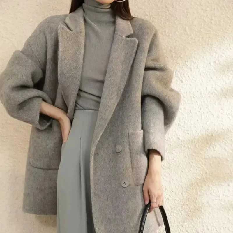 2025 New Womens Woolen Coats Loose Casual Double Breasted Retro Double-sided Jacket Office Lady Outerwear Autumn Winter Z250813
