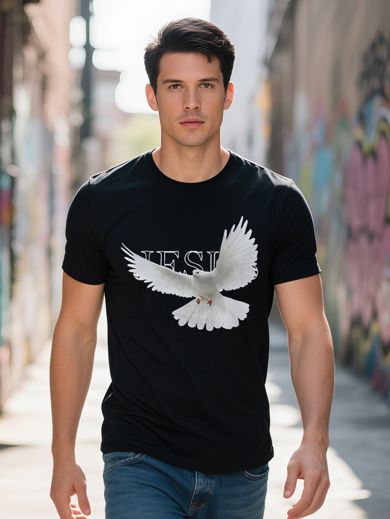 Casual Short Sleeve T Shirt with White Dove Jesus Graphic Print Black Summer Top Breathable and Washable Religious