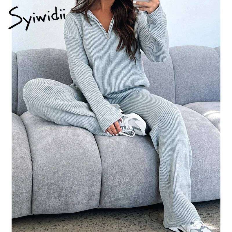 Syiwidii Autumn Winter Elegant 2 Piece Sets For Women Zipper Long Sleeve Sweaters Straight Pants Fashion New Casual Knitted Suit 250813