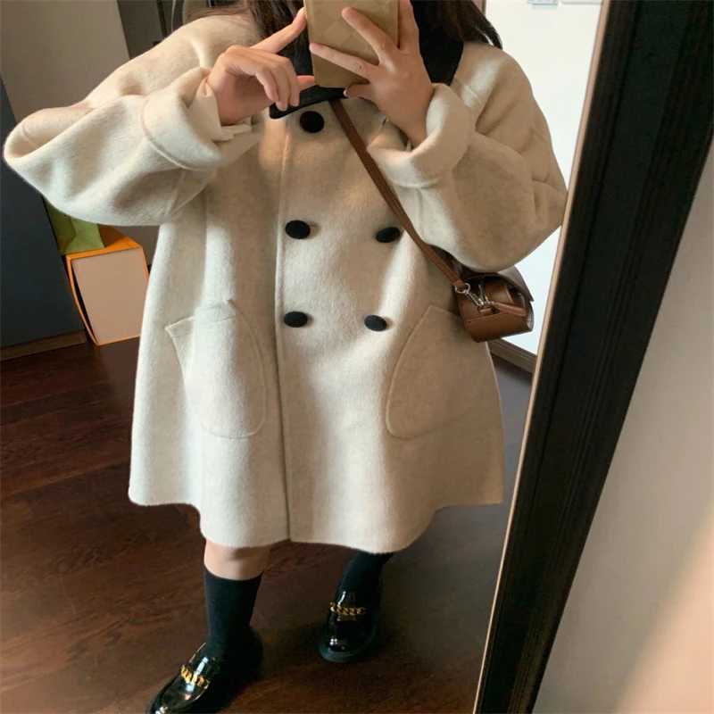 Korean Color Contrast Lapel Double-sided Peacoat Autumn and Winter Woolen Medium Long All-match Wool Coat for Women Z250813