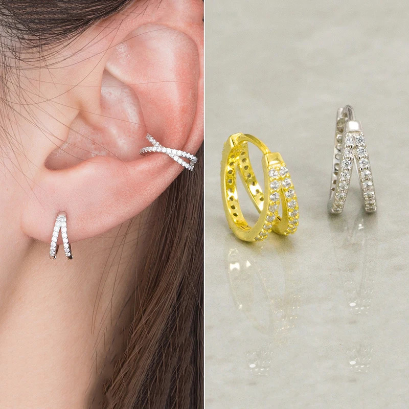 WANTME 925 Sterling Silver Fashion Shiny Double Layer Zircon Hoop Earrings for Women Plated 18k Gold Fine Jewelry 250812