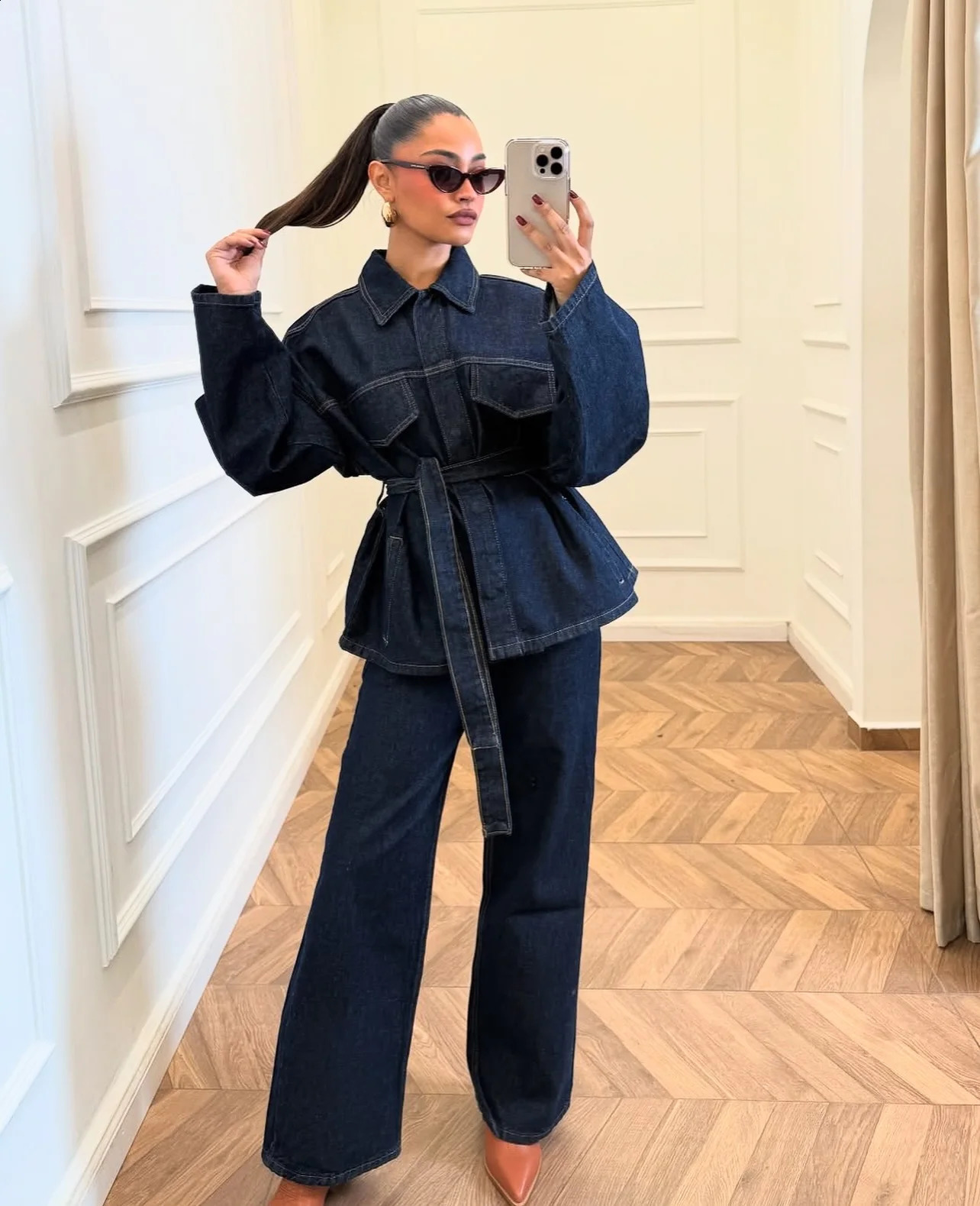 Denim Jacket Pants Two piece Set Women With Belt Single Breasted Lace Up Lapel Coat Straight Jeans Vacation Outfits Women 250806