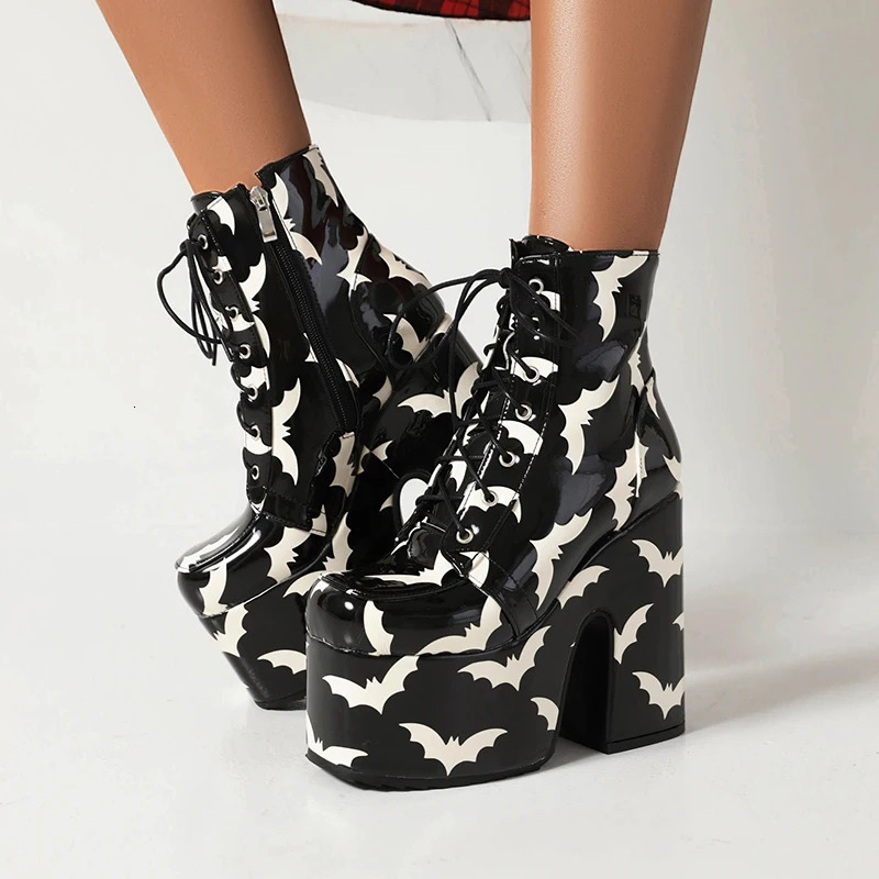 Rainbow Glossy Patent Leather Super Platform Fashion Short Boots Square Toe Super Chunky Heel Punk Style Bat Print Womens Boots 250812