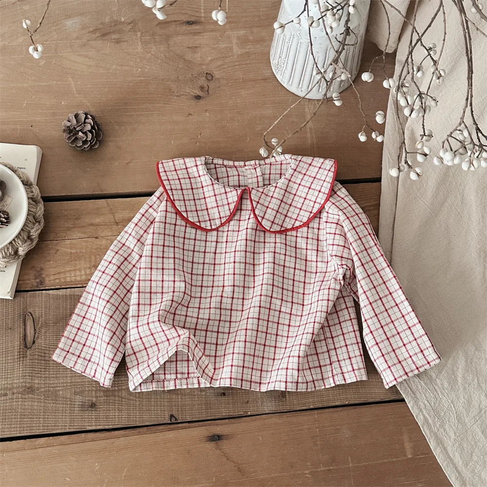 Spring Baby Long Sleeve Shirts Cotton Girls Lapel Plaid Blouse Girl Loose Versatile Tops Infant Toddler Clothes 250812