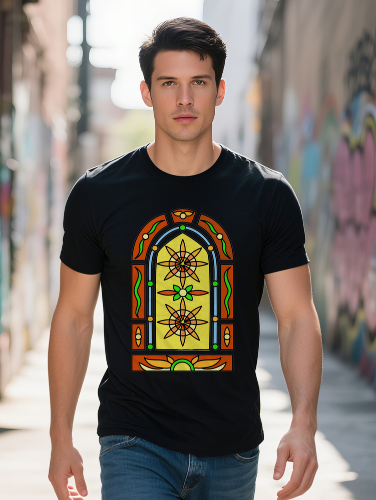 Graphic T Shirt Black with Yellow Stained Glass Print Round Neck Summer Tee Regular Fit Top for Casual Attire Ideal
