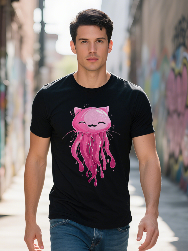 Men s Casual Crew T Shirt with Unique Pink Jellyfish Cat Print Soft Fabric Round Neck Short Sleeve Summer