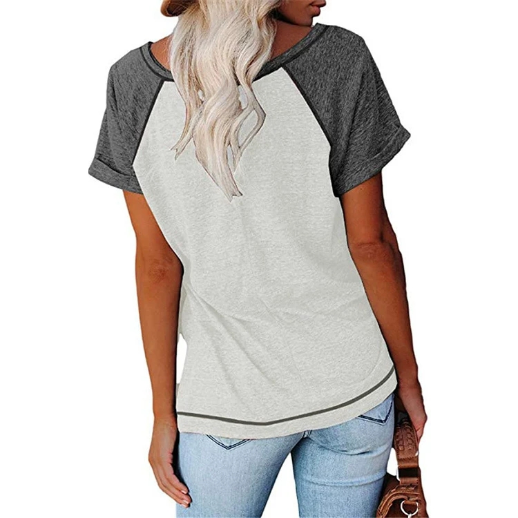 Casual Womens T-Shirt Stylish Patches & Loosely Fitted Sportswear Featuring a V-neck and Buttons