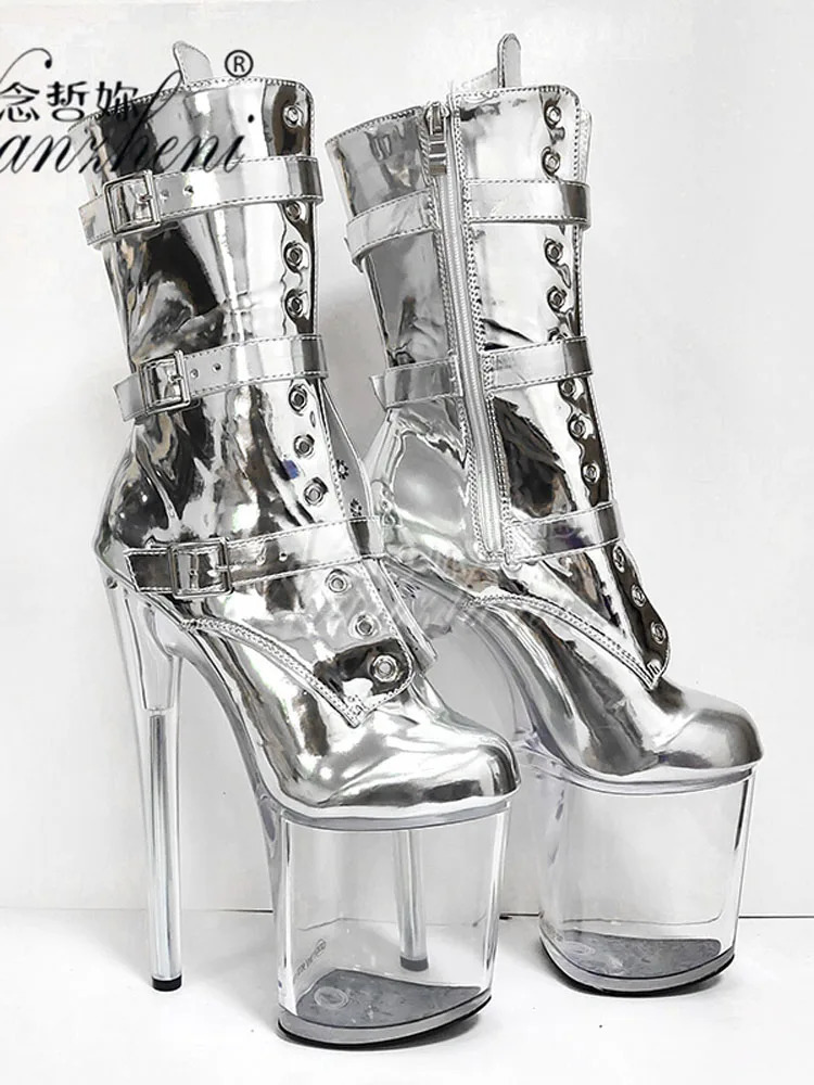 Stage Silver Shiny Surface Three-Piece Ankle Boots 20cm Crystal Catwalk Pole Dance Shoes Womens Gladiator Nightclub Round Toe 250812