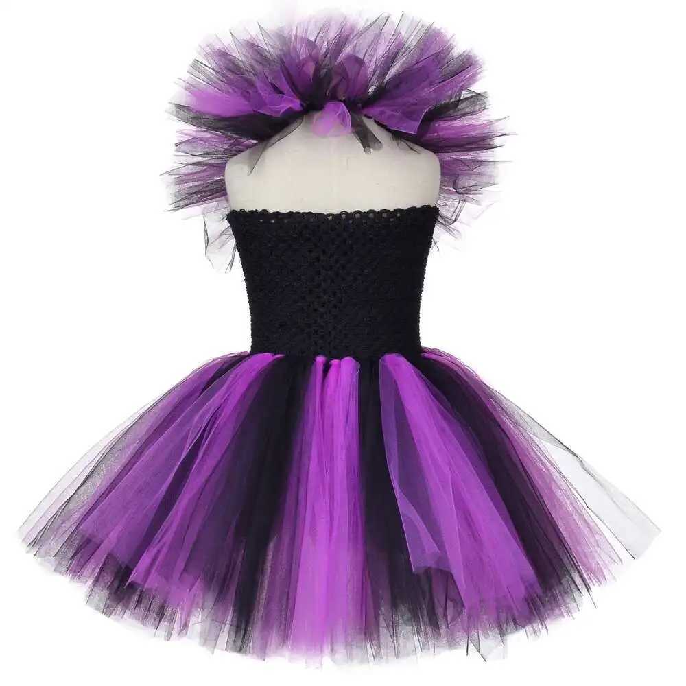 Black Purple Witch Costumes for Girls Halloween Lined Tutu Dress with Hat Broom Kids Carnival Party Witches Disguised Outfits G250812