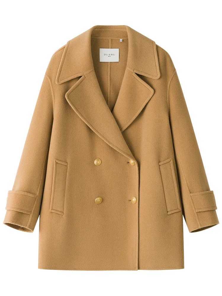 DUSHU Retro British Style One-Hand Length Double-Sided Woolen Coat for Women 2023 Winter New Solid Color 100% Wool Coats Female Z250813