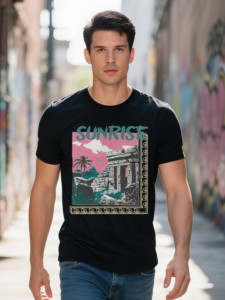 Men s Graphic T Shirt Black Sunrise Mountain Lightweight gsm Summer Tee Regular Fit Round Neck Top for