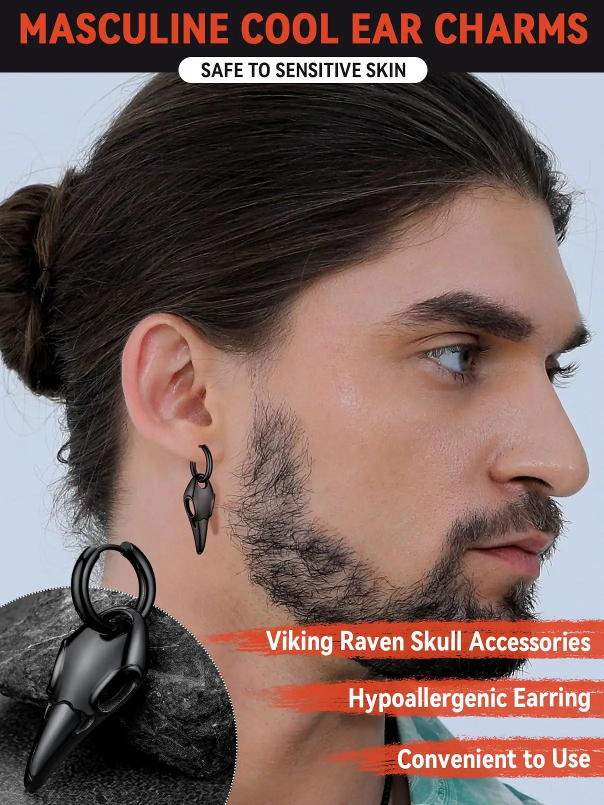 1 pair of hypoallergenic stud earrings for men stainless steel punk Gothic Crow stud earrings. 250812
