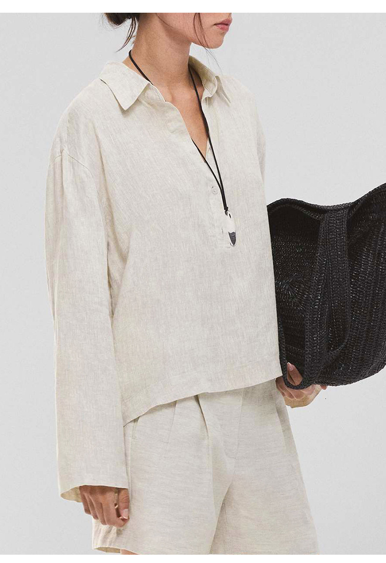 Pieces Linen Old Money Style Long Sleeve Women's Turn-Down Autumn Polo Collar Top Design Sense Loose Shirt