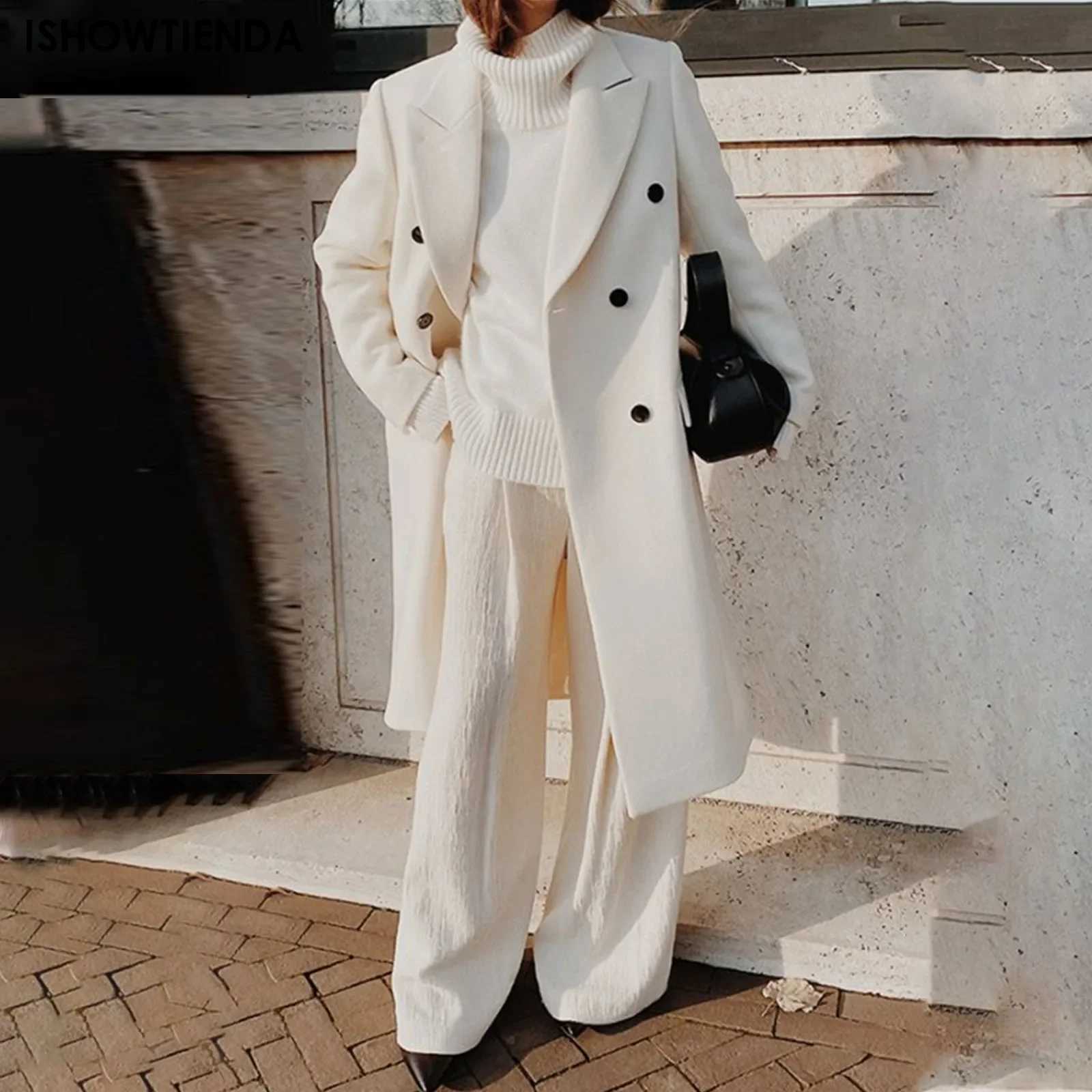 Elegant White Wool Blend Trench Long Coat Women Chic Double Breasted Warm Full Sleeve Coats New Female High Street Outerwear Z250813