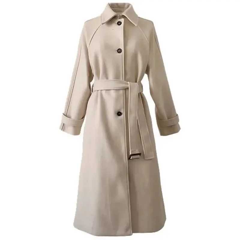 2025 Autumn/Winter New Korean Loose Woolen Jacket Coat Female Slim Temperament With Belt Womens Thick Long Wool Overcoat Z250813