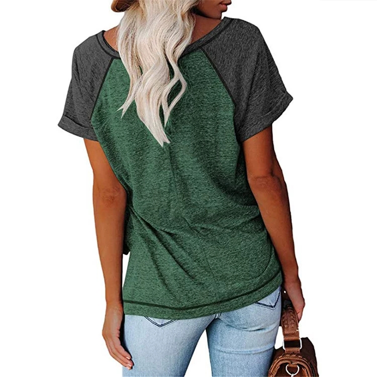Casual Womens T-Shirt Stylish Patches & Loosely Fitted Sportswear Featuring a V-neck and Buttons