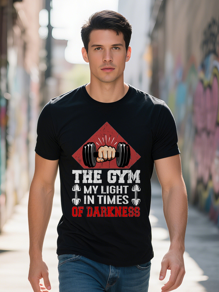 Men S Crew Neck T Shirt Gym Themed Graphic The My Light in Times of Darkness Design Black with Red and White Print