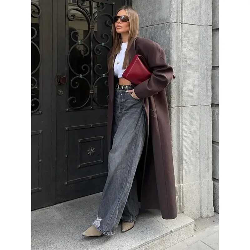 2024 Elegant Woolen Double-breasted Lapel Woolen Overcoat with Pockets Long Sleeve Coats Casual Autumn New Womens High Streetwear Z250813