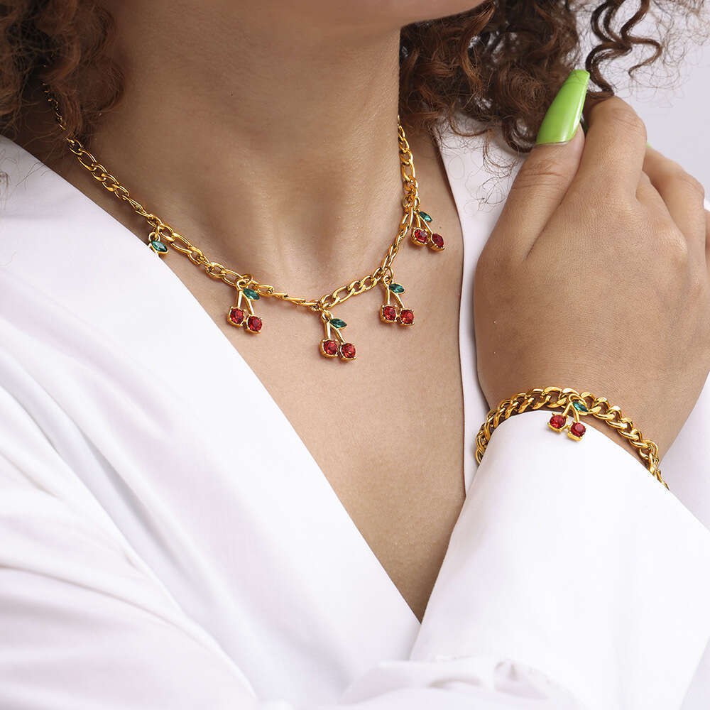 Fashionable and Elegant Glass Stone Red Cherry Jewelry Set Trendy Accessories Simple Necklace Bracelet