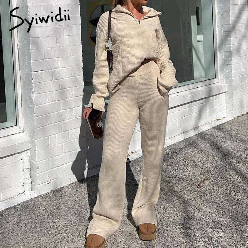 Syiwidii Autumn Winter Elegant 2 Piece Sets For Women Zipper Long Sleeve Sweaters Straight Pants Fashion New Casual Knitted Suit 250813