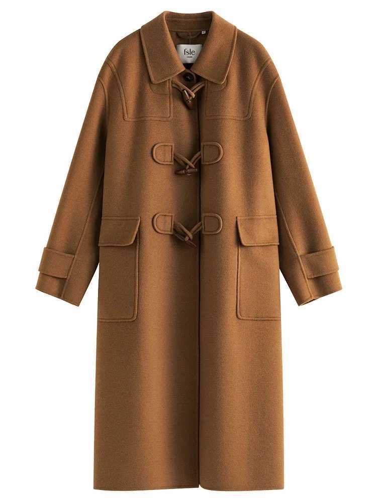 100% Wool Double-sided Woolen Coat with Horn Buttons Temperament Camel Mid Length Straight Coat Office Lady Neck Wool Jacket Z250813